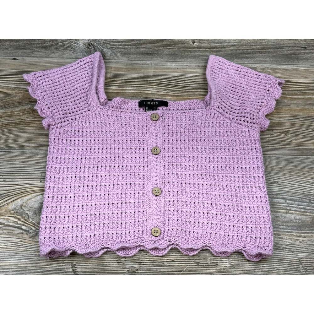 Forever 21 Cropped Lavender Crochet Sweater Short Sleeve Button Front Size Small